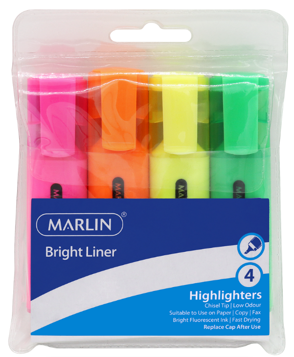 Marlin Bright Liners Highlighters - Wallet of 4